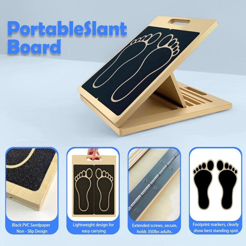 Rwotlls Slant Board for Calf Stretching, 15°/20°/25°/30°/35°/40° Portable Wooden Incline Board, Calf Stretcher & Squat Wedge for Physical Therapy, Knees, Feet, Leg, Ankle, Heel, with Footprint Markings and Training Poster