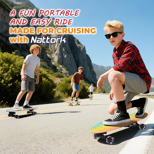 Nattork Complete Skateboards 29" x 9" Kids Girls Skateboard Cruiser Skateboards for Beginners Double Kick Deck Concave Boys Skateboard with Maple Wood (Rainbow)