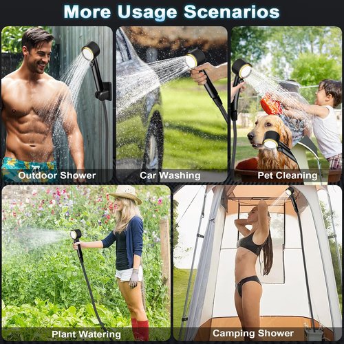 Portable Shower for Camping, 8000mAh Rechargeable Camping Shower Pump with 3X Stronger Water Flow, 5 Pressure Levels & 4 Shower Modes Outdoor Shower with Intelligent LED Display for Hiking, Black