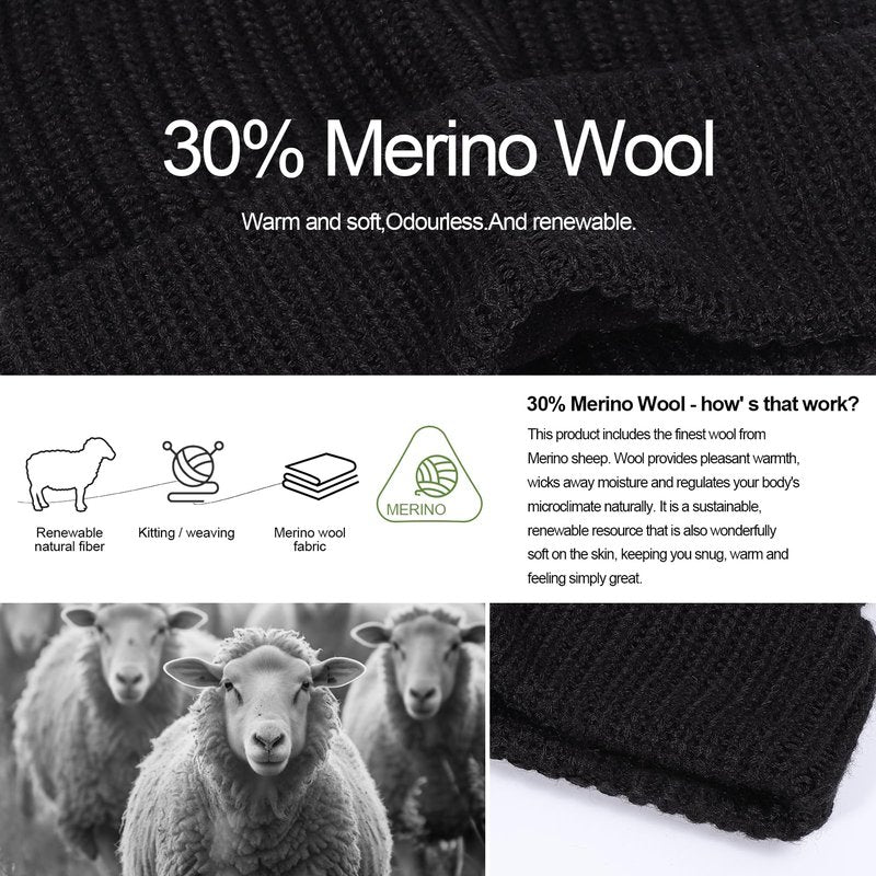 Men Women Merino Wool Beanie Hat Fleece Lined Ski Cap for Cold Weather & Large Heads(Black,XXL)