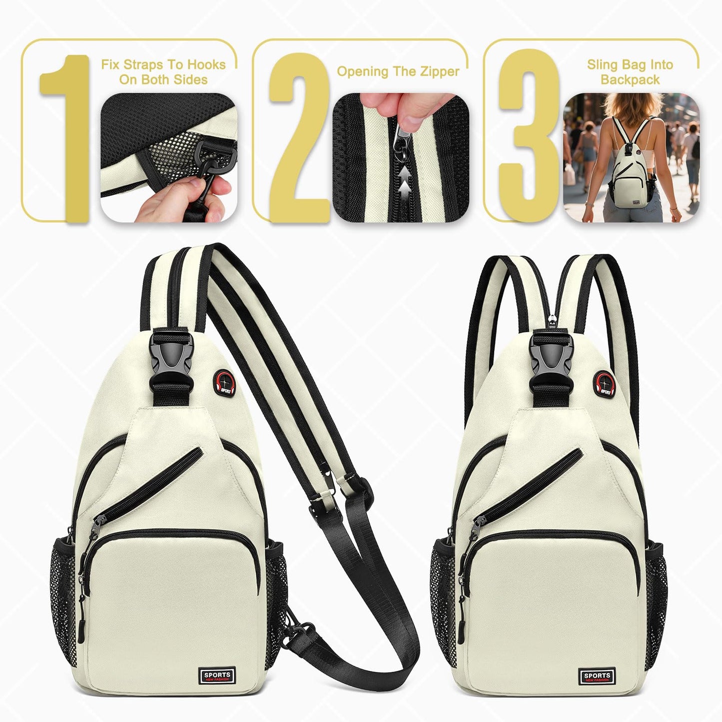 SUIKIHUM Convertible Sling Bag with Coin Pocket, 11" Tablet Crossbody Mini Backpack with Headphone Jack Casual Pack for Women Men Travel, White