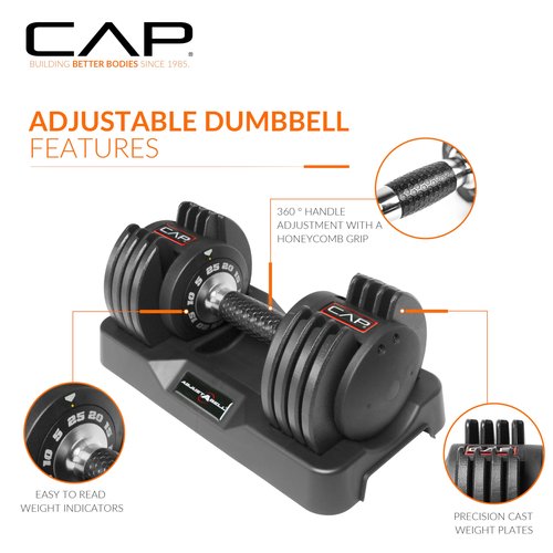 CAP Barbell 25 lb Single Adjustable Dumbbell with Contoured Full Rotation Handle, Honeycomb Chrome and Black Handle (SDBAIS-025G6)