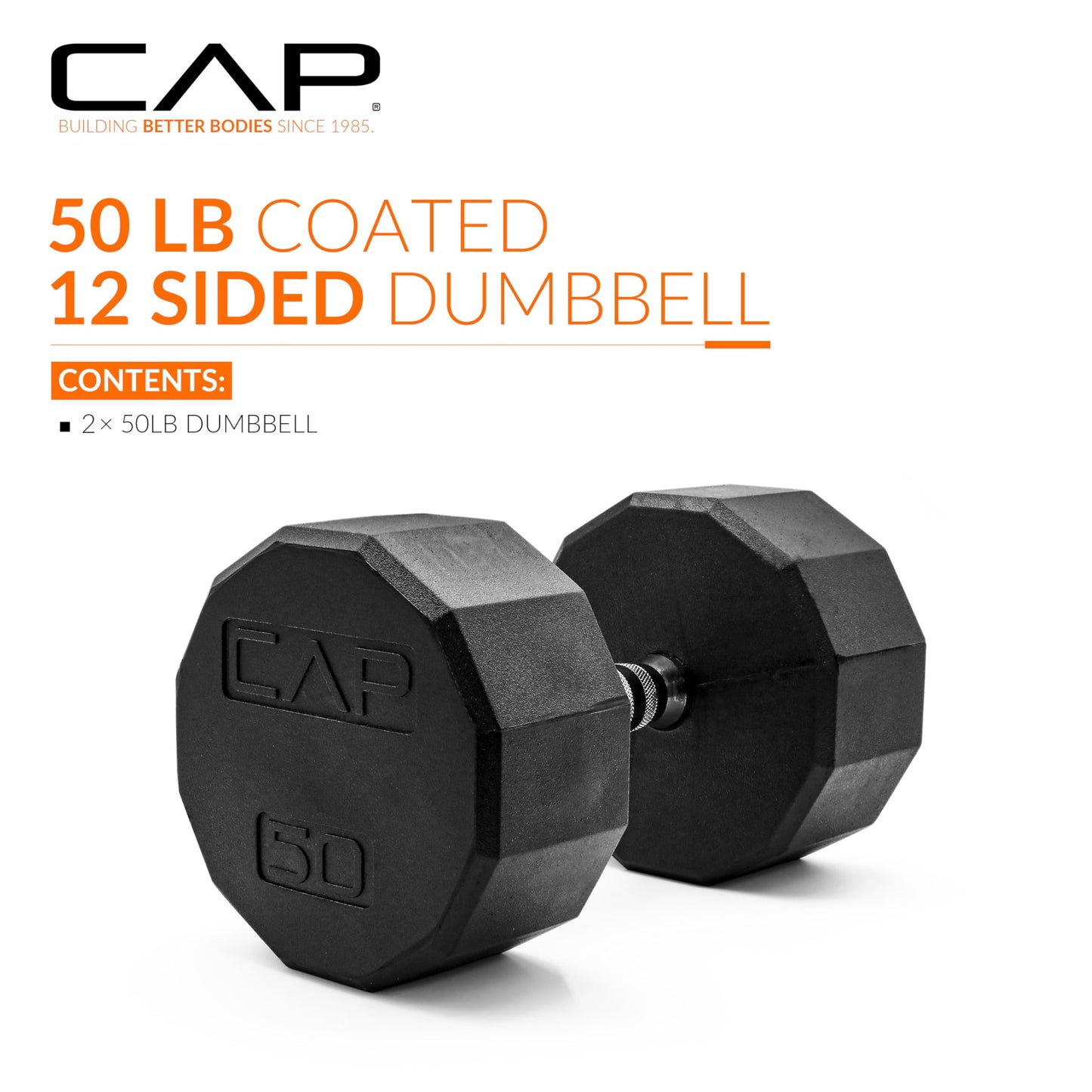 CAP 50 LB 12-Sided Rubber Coated Dumbbell Weight, Rubber Free Weights for Home Gym Strength Training, Chrome Handle, Pair