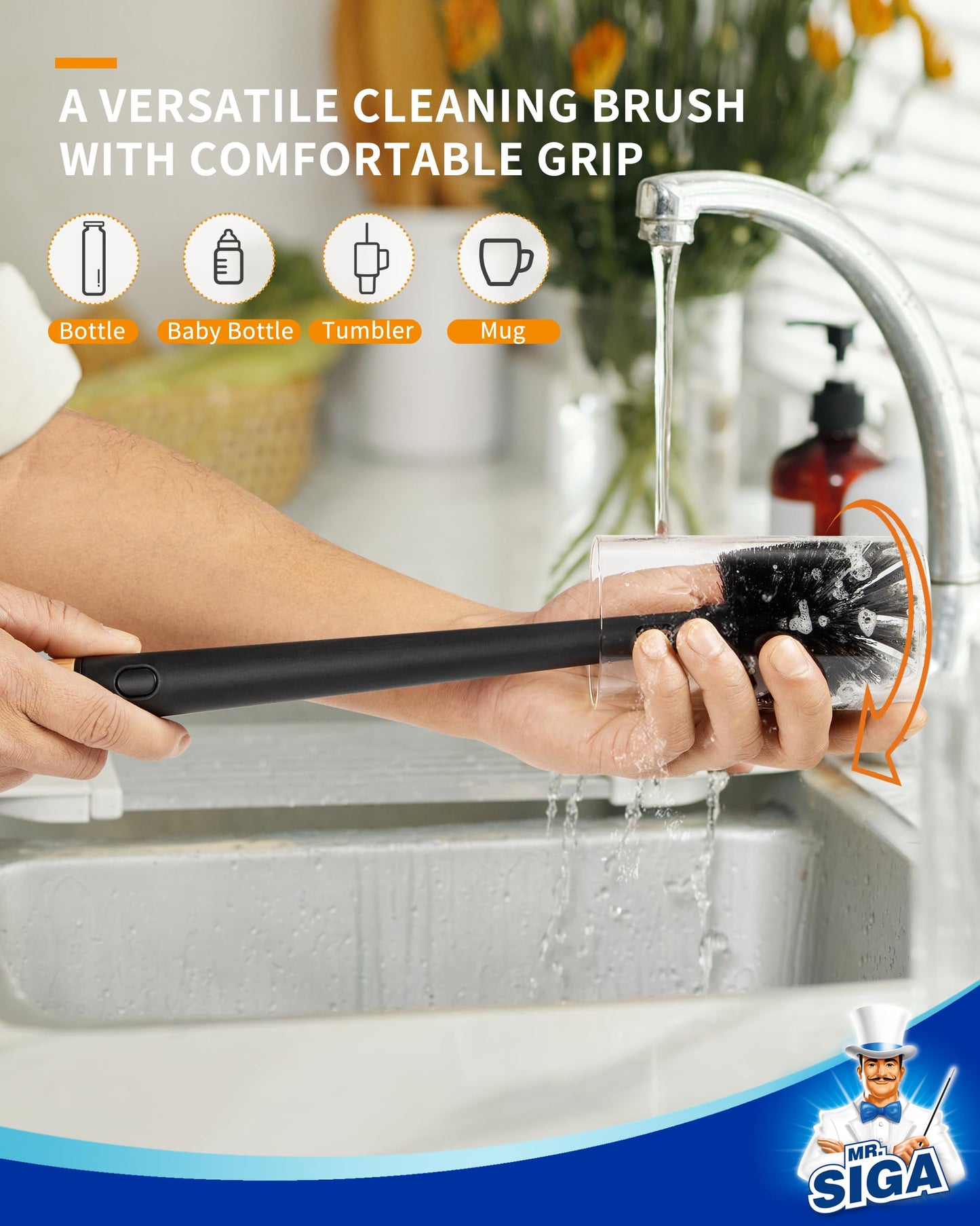 MR.SIGA Water Bottle Brush and Straw Cleaner Brush, Long Handle Bottle Cleaner Brush, 2 in 1 Bottle Cleaning Brush for Sports Bottles, Baby Bottles, Mugs, Straws, Black