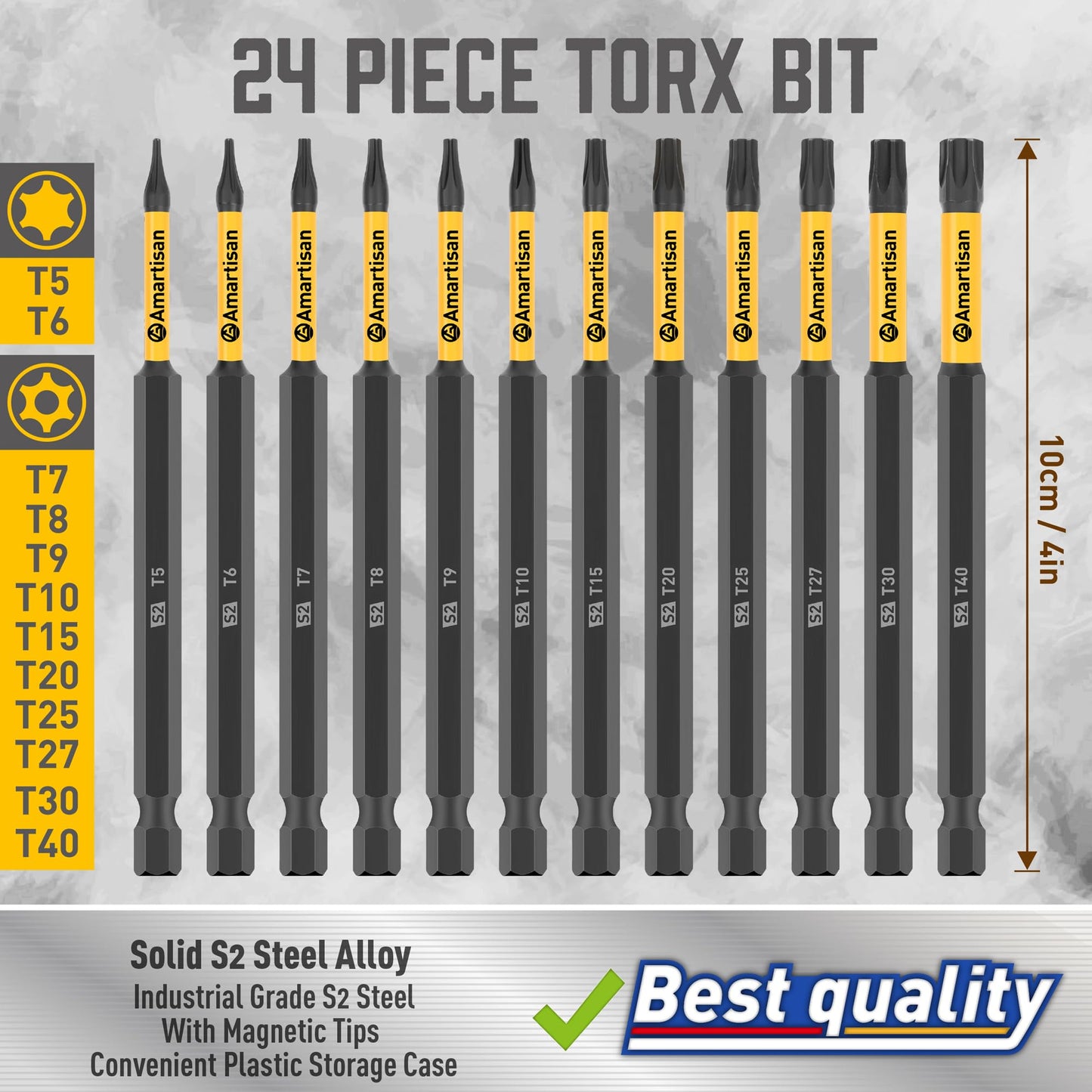 Amartisan 12-Piece Torx Bit Set, S2 Steel, 4" Long T5 - T40, Security, Tamper Resistant Fastener Drive Bit