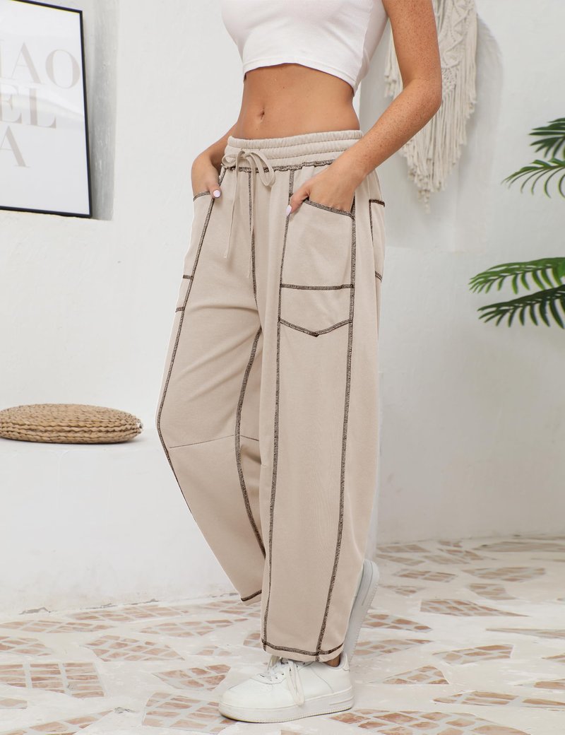 Athlisan Womens Baggy Barrel Pants Wide Leg Lounge Drawstring Sweatpants with Pockets(Khaki-M)