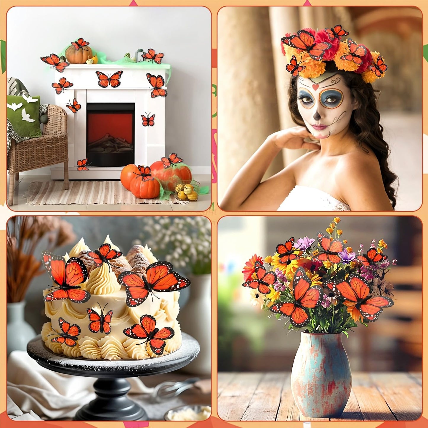 SEPGLITTER Monarch Butterfly Decorations, 60 Pcs 3D Artificial Monarch Butterfly 4 Sizes Orange Fake Butterflies Wall Decal for Home Party Day of The Dead Halloween Autumn Wedding Bedroom Craft Decor