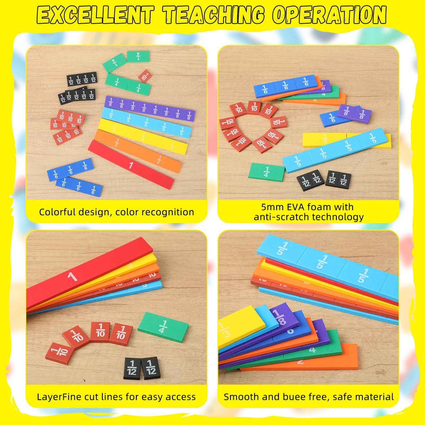 Sayglossy 24 Sets Fraction Tiles Sets for Math Fraction Manipulatives Montessori Math Materials EVA Foam Algebra Tiles Games for Classroom Teaching Aids, Homeschool Supplies