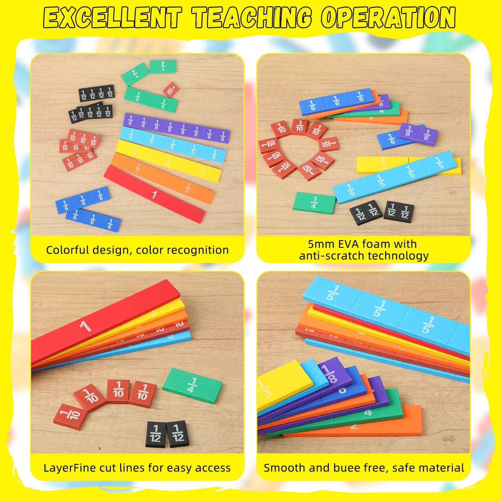 Sayglossy 24 Sets Fraction Tiles Sets for Math Fraction Manipulatives Montessori Math Materials EVA Foam Algebra Tiles Games for Classroom Teaching Aids, Homeschool Supplies