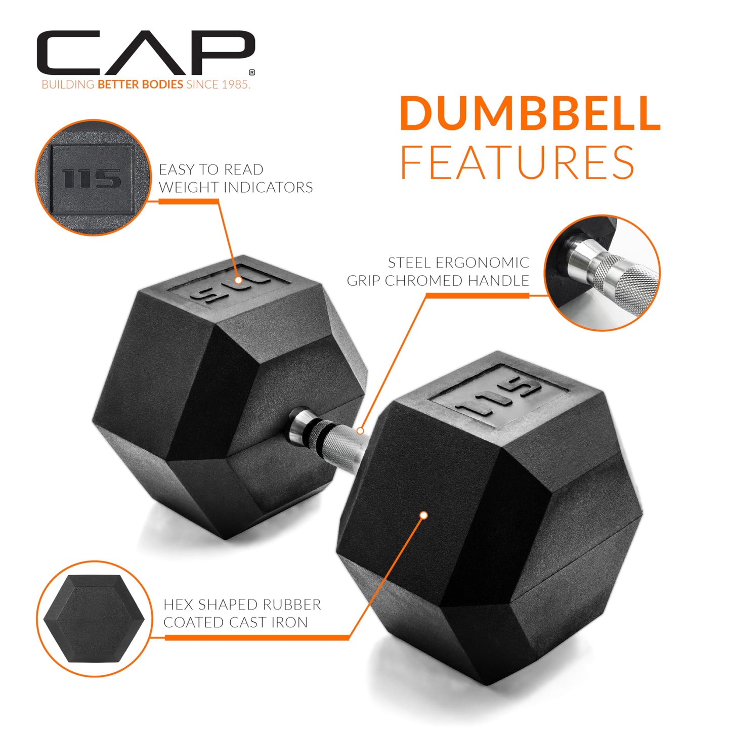 CAP 115 LB Rubber Coated Hex Dumbbell Weight, Rubber Free Weights for Home Gym Strength Training, Chrome Handle, Single