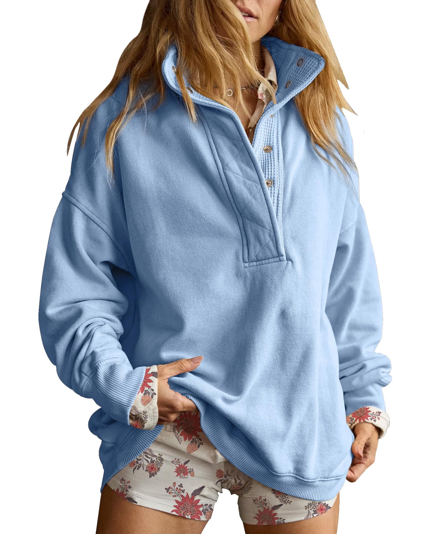Gacaky Sweatshirt for Women Oversized Casual Long Sleeve Button Henley Neck Pullover Tops Fashion Outfits Clothes Blue X-Large