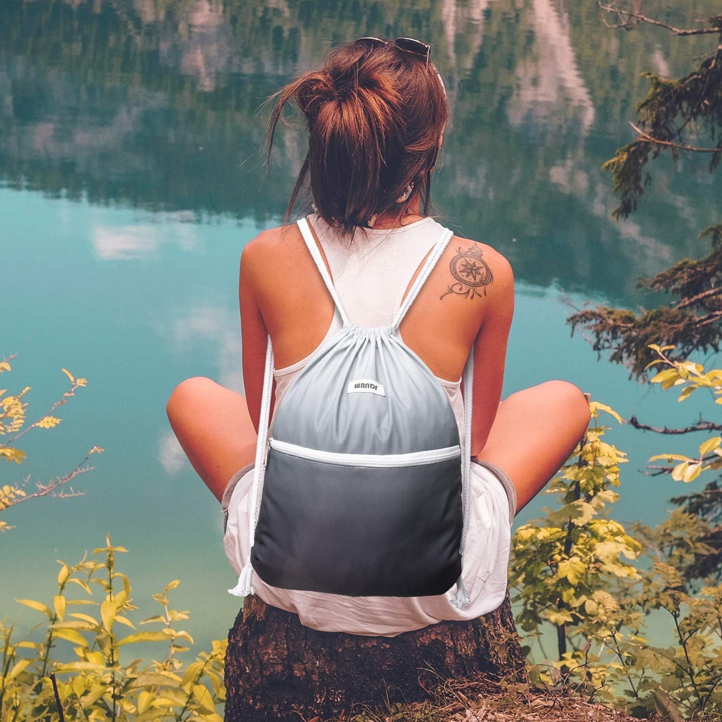 WANDF Drawstring Backpack - Water Resistant Nylon Sackpack for Gym, Shopping & Yoga | Grey