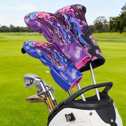 LZFAN Golf Club Head Covers Driver Fairway Wood Hybrid Golf Club Headcover Leather Protector Heavy Embroidered Colorful Jellyfish (Hybrid)