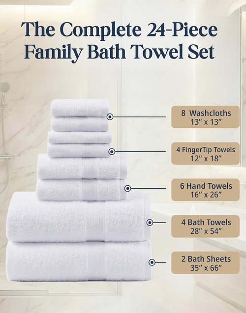 LANE LINEN 100% Cotton Bathroom Towel Set - Soft, Absorbent & Durable | 24-Piece Hotel & Spa Quality - White