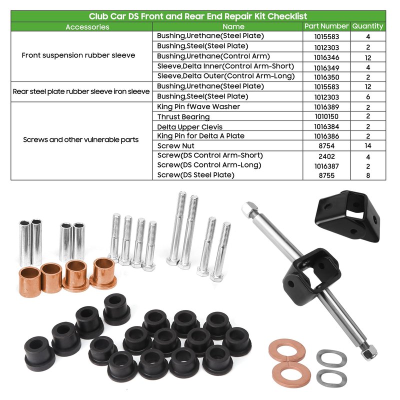 Generic 10L0L Golf Cart Front End Rebuild Kit fits Club Car DS 1993-Up Gas & Electric Models with Kingpins/Delta A arm bushings/Front Leaf Spring Bushings and Bolts/Clevis, silver