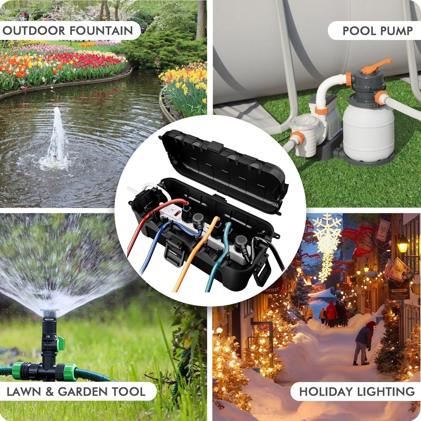 RESTMO Outdoor Electrical Box, IP54 Weatherproof Extension Cord Cover with 6 Cable Entry Ports, Waterproof Connection Box Protect Power Strip, Timer, Plug, Holiday Lights, (11.5x5.2x4 inch), Black
