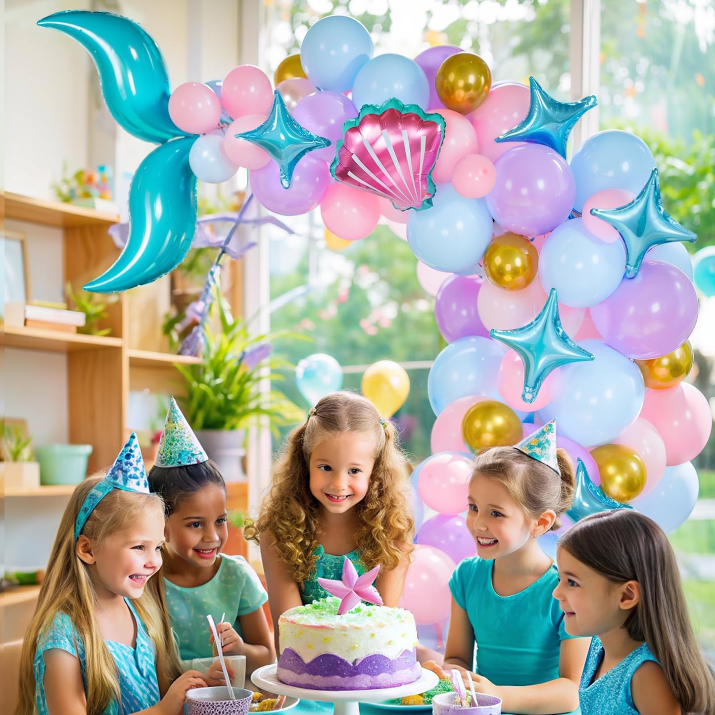 AGPTEK 109PCS Mermaid Balloon Garland Kit, Pastel Pink Purple Teal Blue Balloons with Mermaid Tail, Shell, and Star Foil Balloons, Perfect for Mermaid Birthday Party, Ocean-Themed Party Decorations