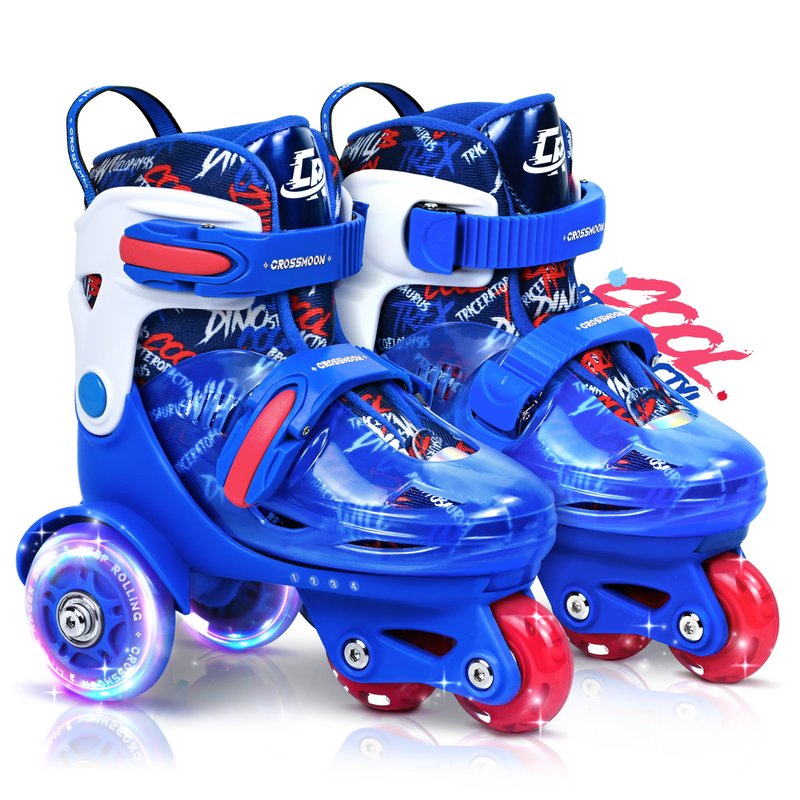 Toddler Roller Skates with Cool Dino Script Design, Kids Training Skating Shoes with Triple Safety Protection, 4 Adjustable Sizes, Light-Up Wheels (Captain Storm, XS-Small(6.5C-9C US))