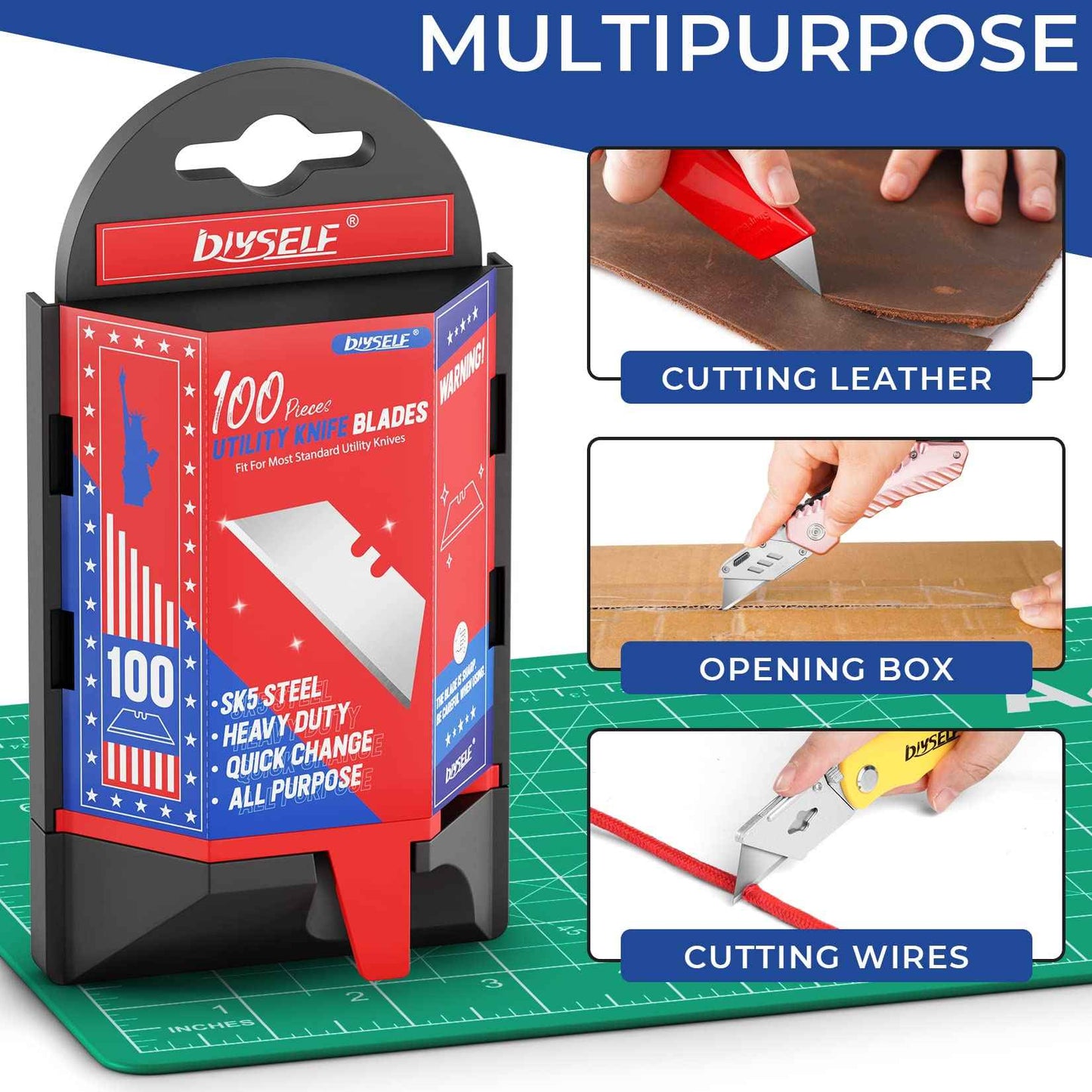 DIYSELF Utility Knife Blades - 200-Pack SK5 Steel Box Cutter Blades Refills with Dispenser