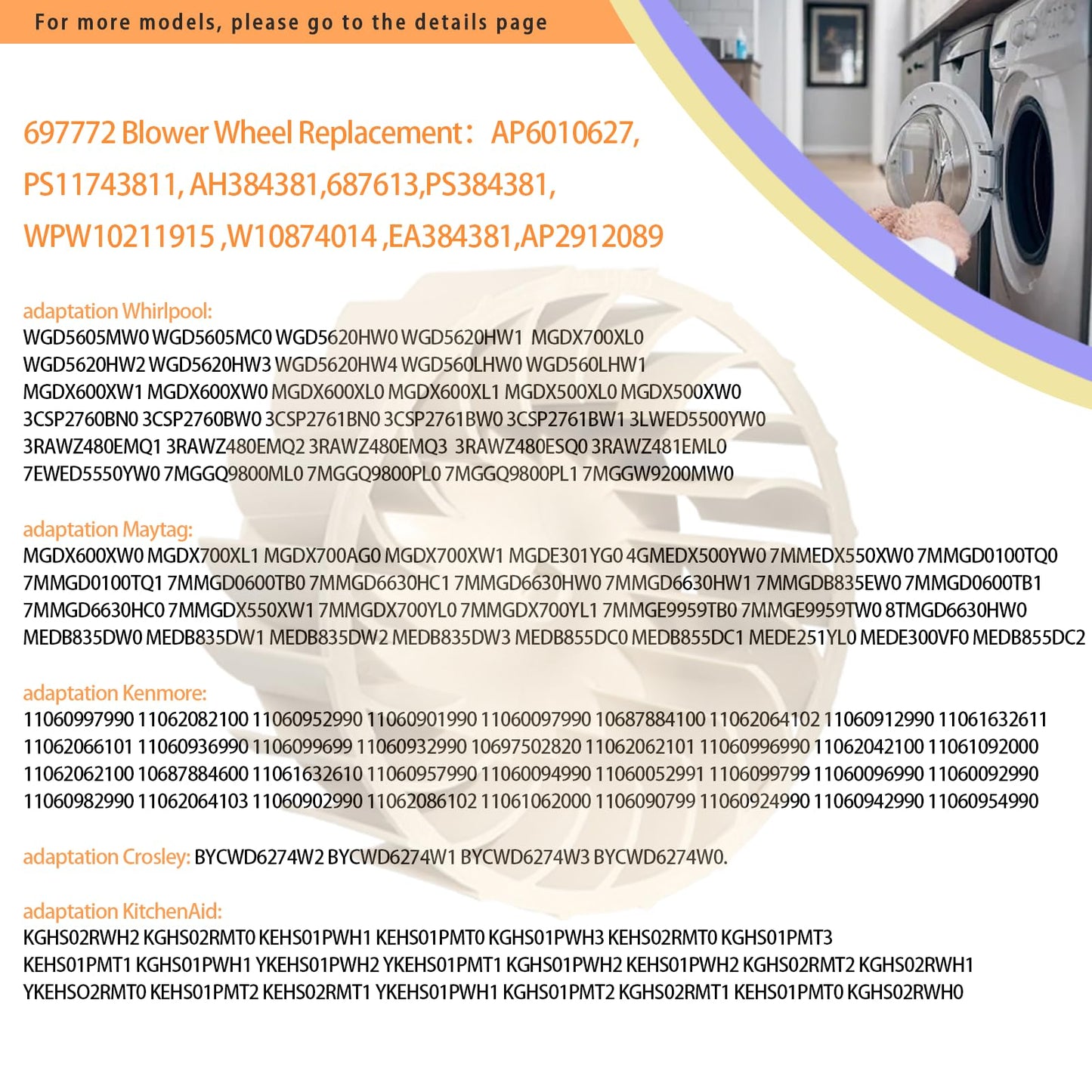 2025 Upgraded 697772 WP697772 Dryer Blower Wheel For Whirlpool Maytag Kenmore Dryer Blower Part Replace AP6010627 PS11743811 687613 PS384381 2-Years Warranty