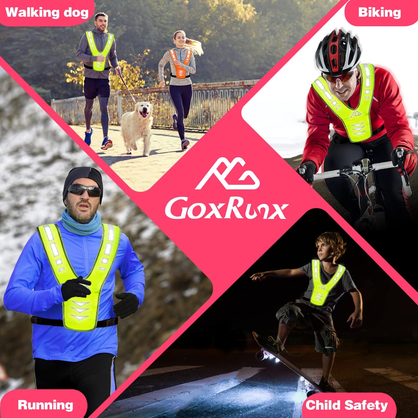 GoxRunx Reflective Running Vest Gear for Women Men Kids, Safety Reflective Vest for Night Cycling Walking Bicycle (Pink)