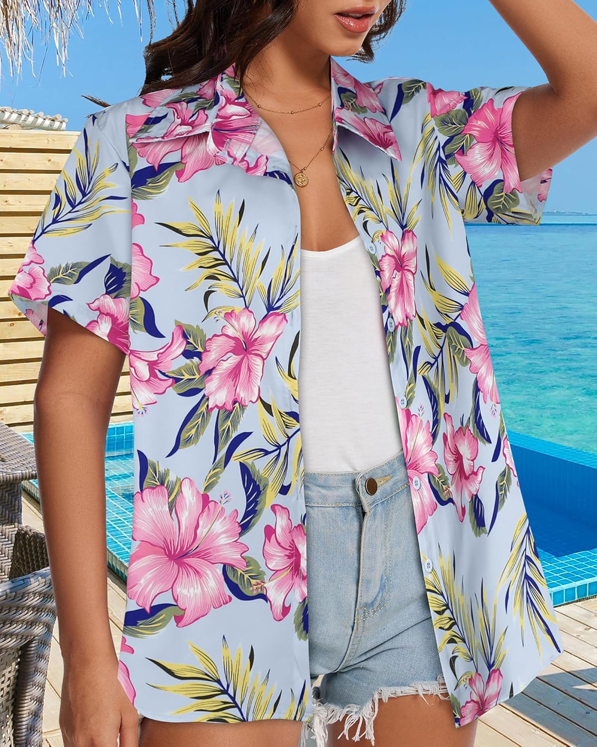 Skiennix Women's Hawaiian Shirt - Cool Summer Button Down V-Neck Blouse | Short Sleeve Beach Top