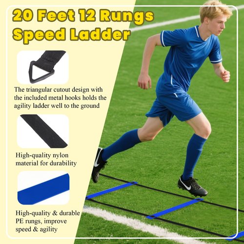 Kevirice Agility Ladder, Agility Training Equipment Set, 20ft 12 Rung Agility Ladder, 4 Agility Hurdles, Running Parachute, Jump Rope, 5 Resistance Bands, 12 Resistance Cones for Athletes, Adult(Blue)