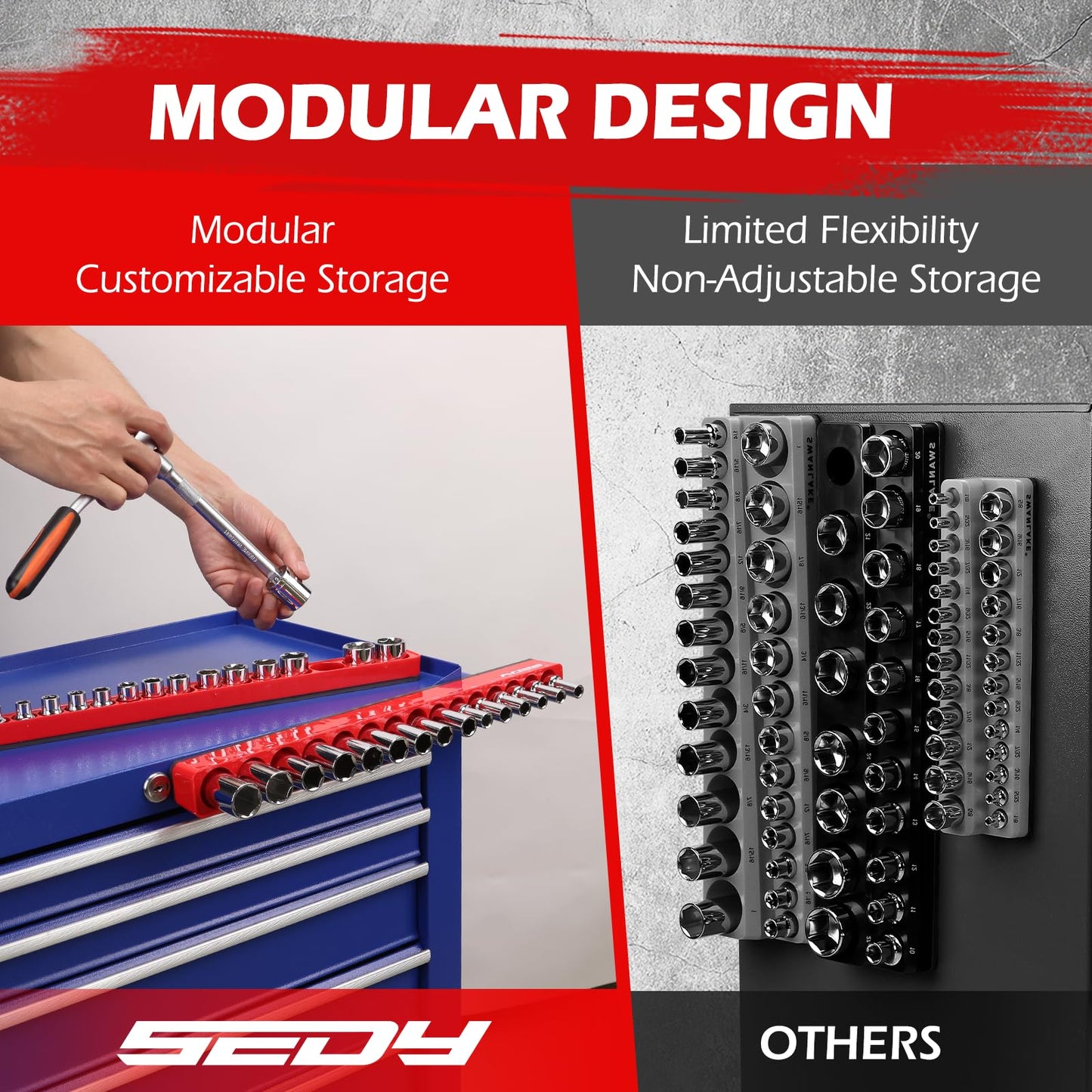 2-Piece 3/8"-Drive Metric Magnetic Socket Organizer Set (Holds 30 Sockets) - Detachable Tool Tray with 5mm Magnetic Base, Screw-Fixed Design & Heavy-Duty Modular Storage for Garage/Home Workshop
