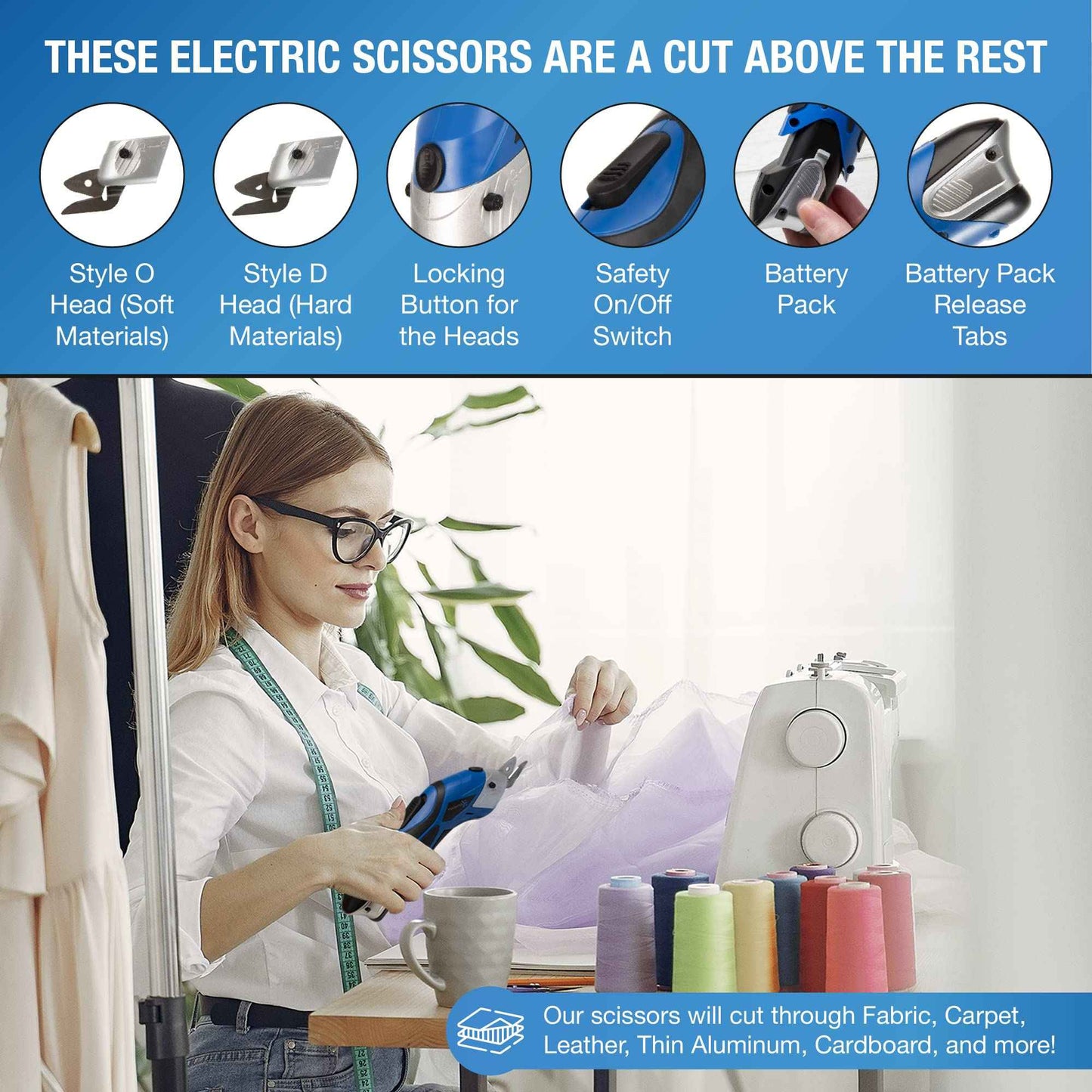 Cordless Electric Scissors for Cutting Fabric - Multifunctional Craft & Cardboard Scissors With Stainless Steel Blades & Replacement- 3.6V Lithium Ion Battery - Includes Charging Cable - Blue/Black