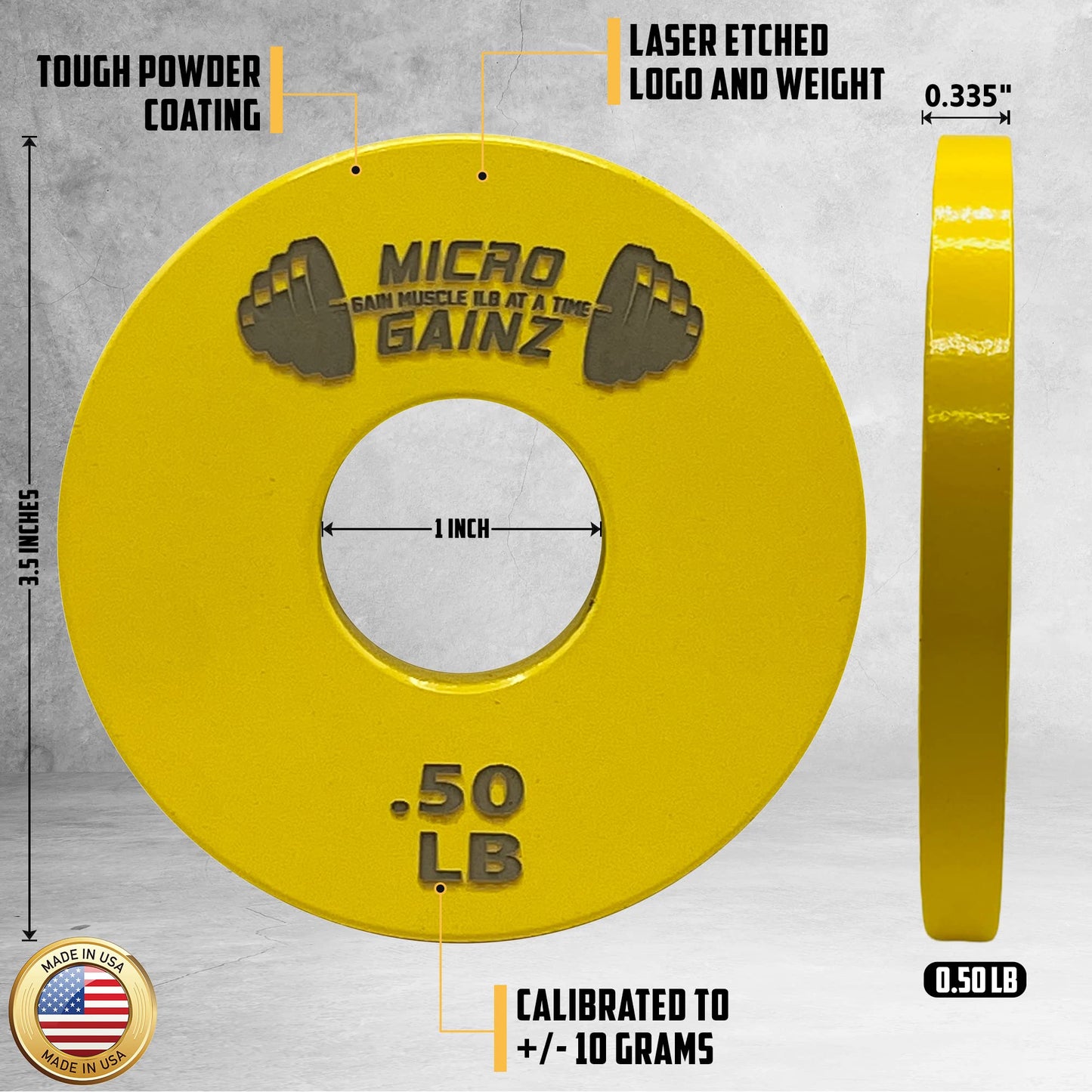 Micro Gainz 1-Inch Center Hole Standard Fractional Weights Plates Set, 8 Piece Dumbbell & Barbell Set of .50LB Plates for Strength Training and Weight Lifting, (Choose Color), Made In USA (Yellow)