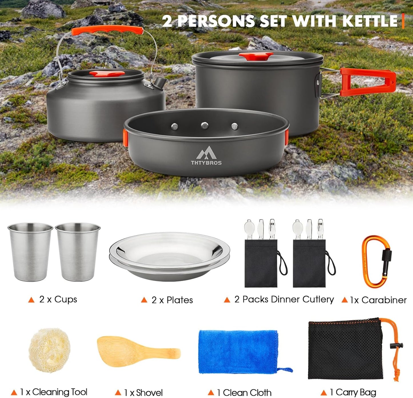 THTYBROS Camping Cookware Kit - 17-Piece Set with 0.45 Gal Pot, 7-Inch Pan & Stainless Steel Utensils