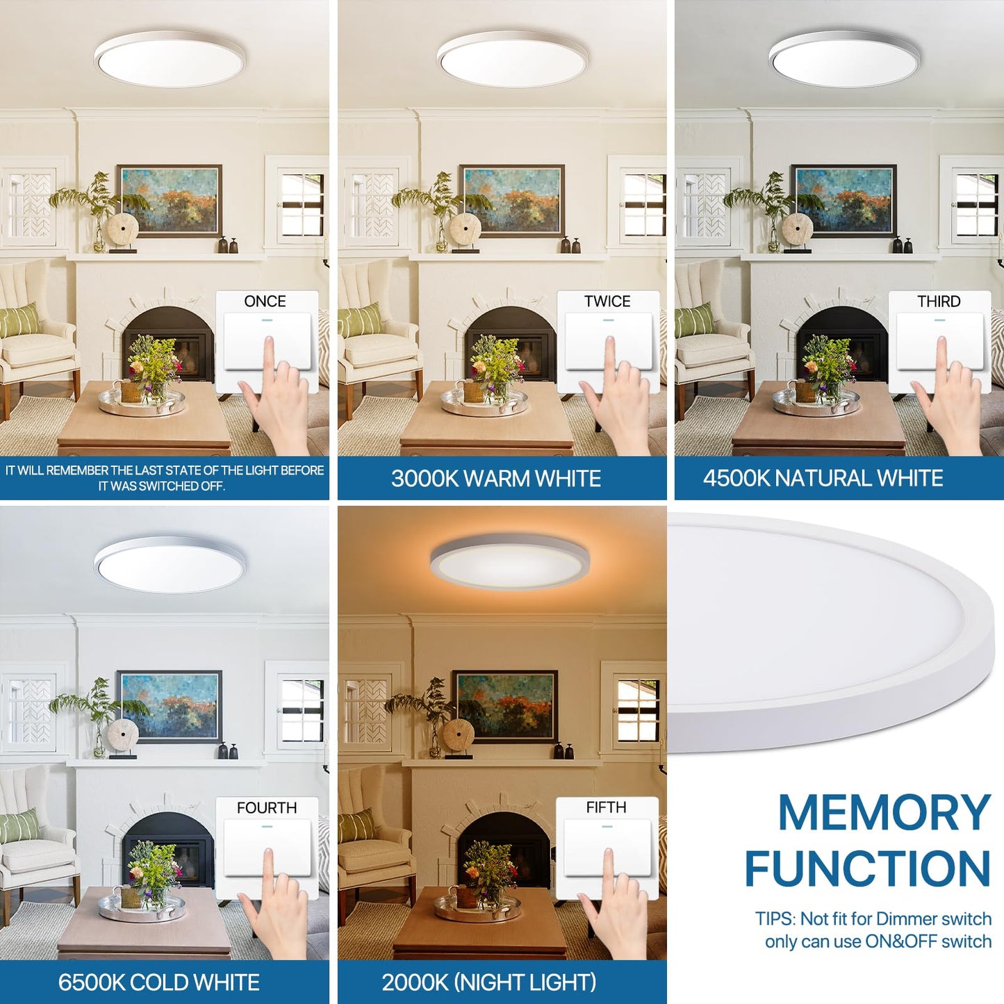 12Inch 4Pack flush mount Led ceiling light with Remote Control,Ultra Slim 24W 3000K-6500K Color Adjustable Ceiling Lamp for Living Room/Kitchen,2000K Warm Nightlight for Bedroom, Memory Function