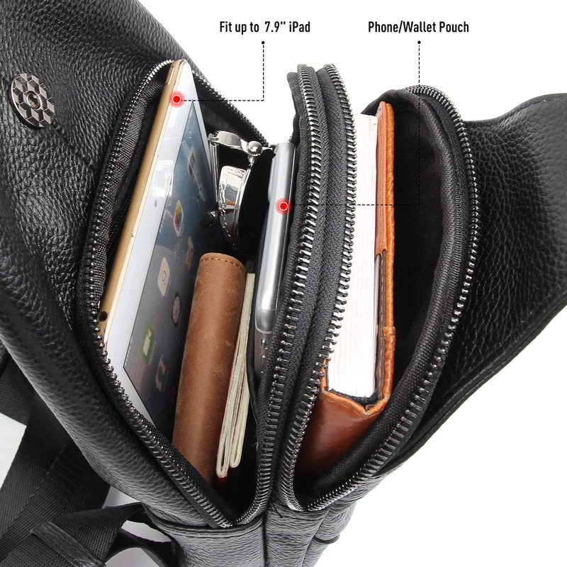 Polare Cowhide Leather Waterproof Casual Daypack Anti Theft Sling Shoulder Chest Crossbody Bag For Men (Black-Small)