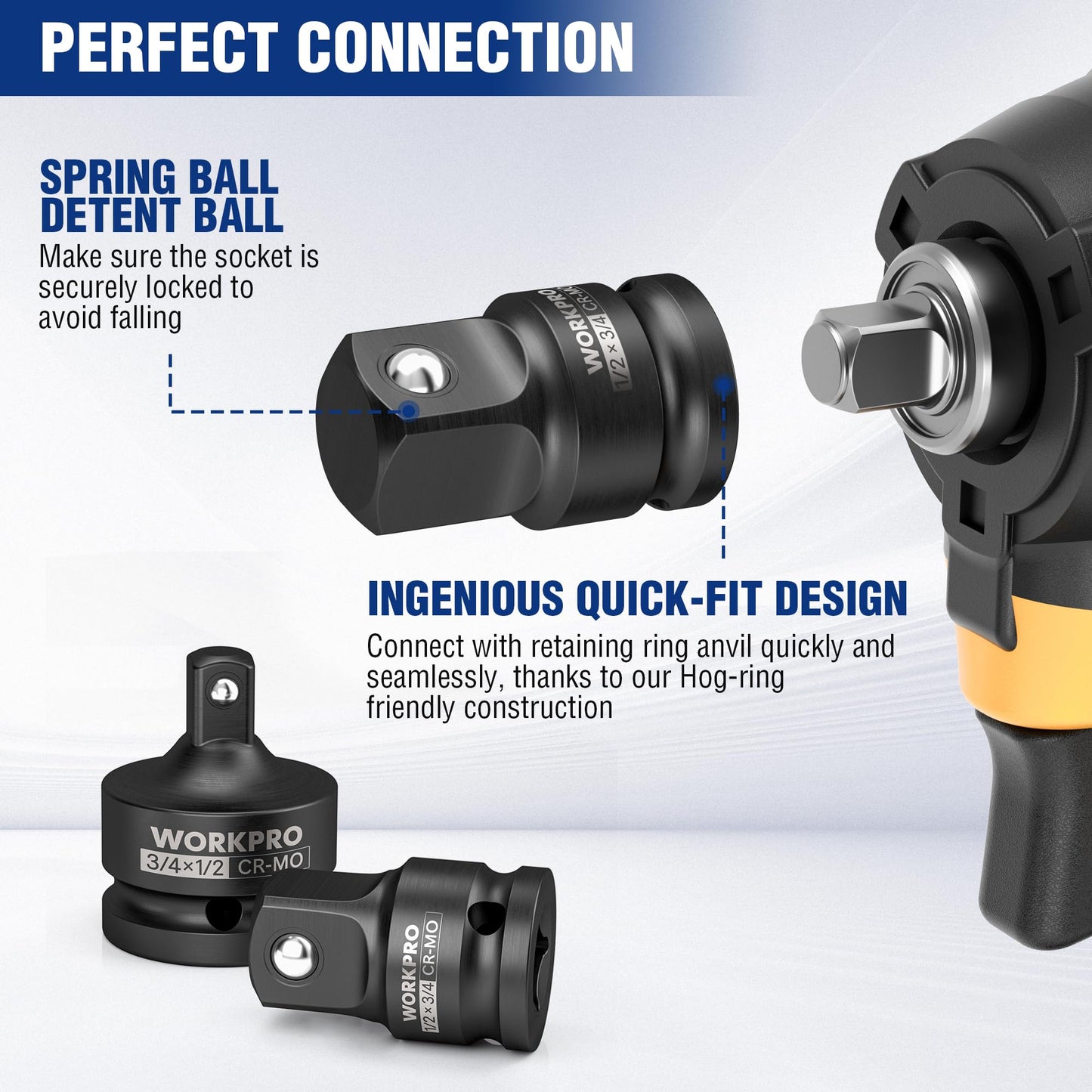 WORKPRO 1/2" F to 3/4" M Impact Socket Adapter, Cr-Mo Steel, Socket Adapter Set for Impact Driver Conversions, Square Drive Reducer for Impact Driver Wrench