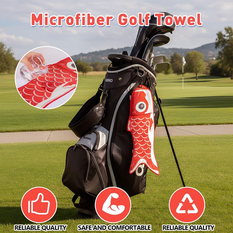 Mindsoft Microfiber Golf Towel Koi Fish Golf Towel with Carabiner Clip Cleaning Cloth & Clubs Koi Pattern Golfs Accessories and Gifts for Men Women(Red)