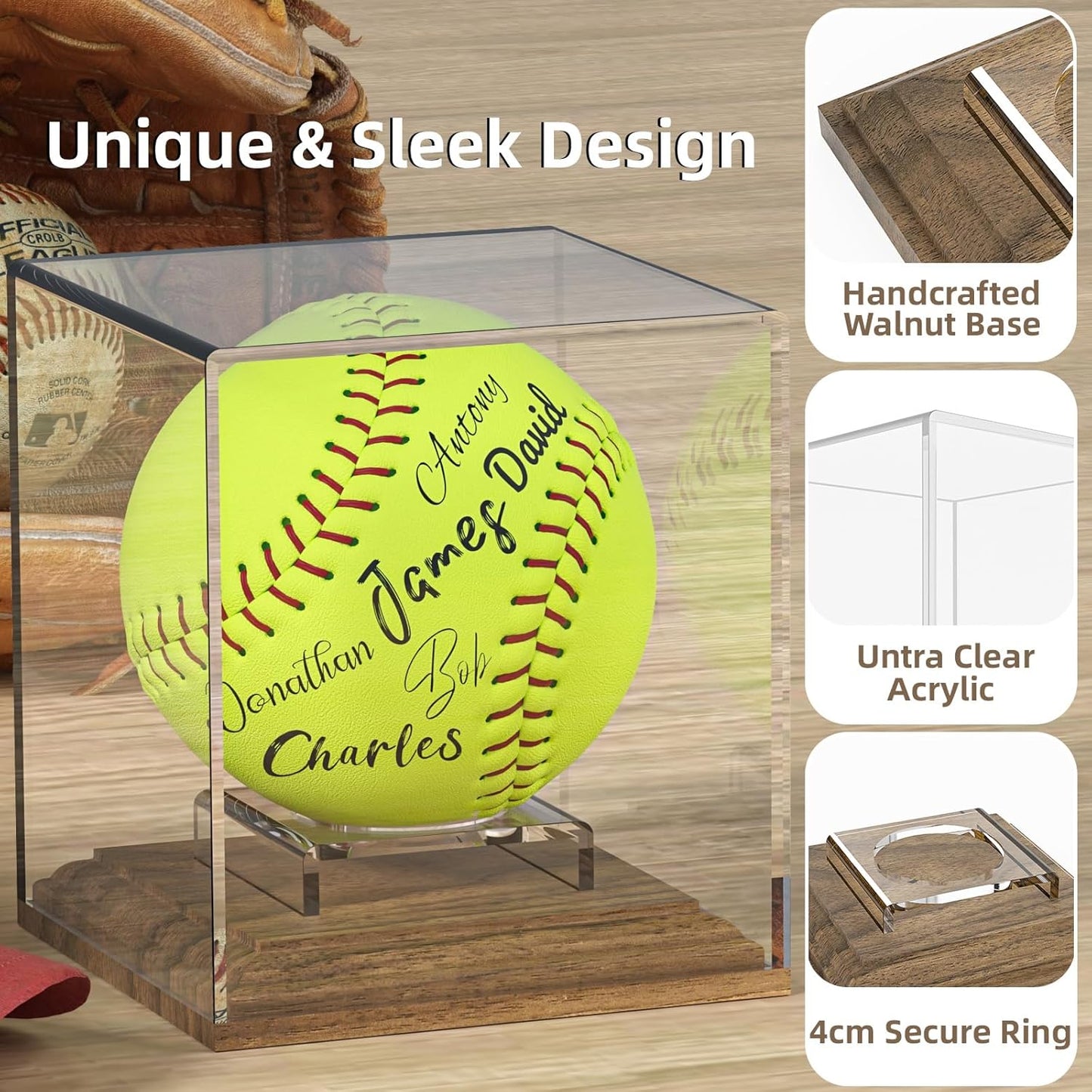 Skiennix Softball Display Case - Acrylic Holder with Walnut Wood Base for Official Size Balls