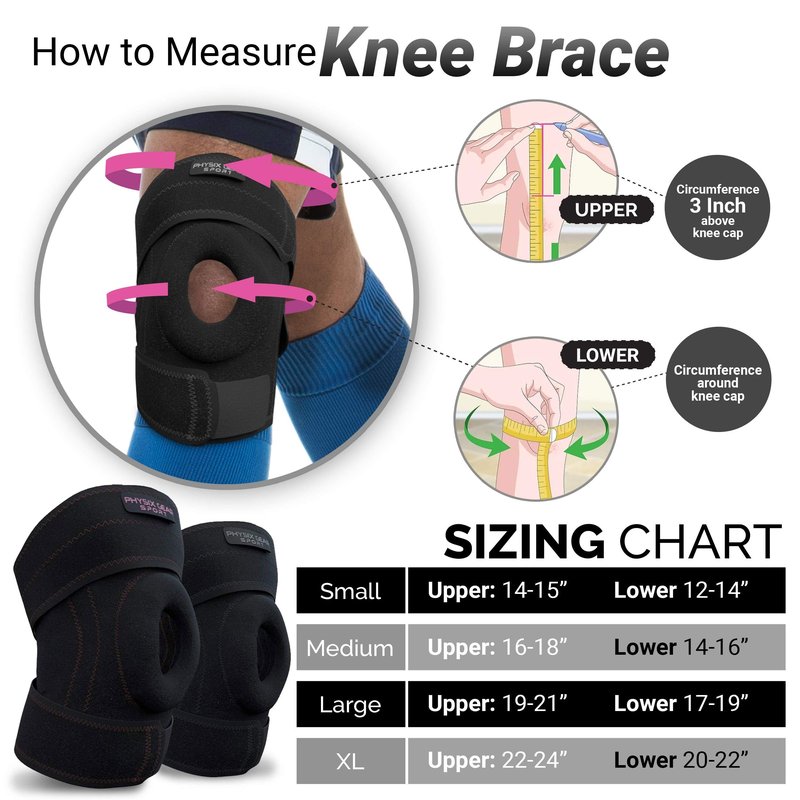 Physix Gear Knee Brace for Men & Women - Adjustable Patella Compression Knee Support for Arthritis, ACL & MCL, Meniscus Tear, Plus Size Knee Brace w/Side Stabilizers, Knee discomfort, Black/Grey, XL