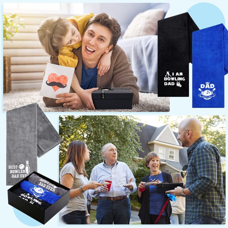 Newwiee 3 Pcs Bowling Towel Gifts for Dad with Box Accessories Funny Novelty Embroidered Patterned Bowling Gifts for Men Dad Christmas Father's Day