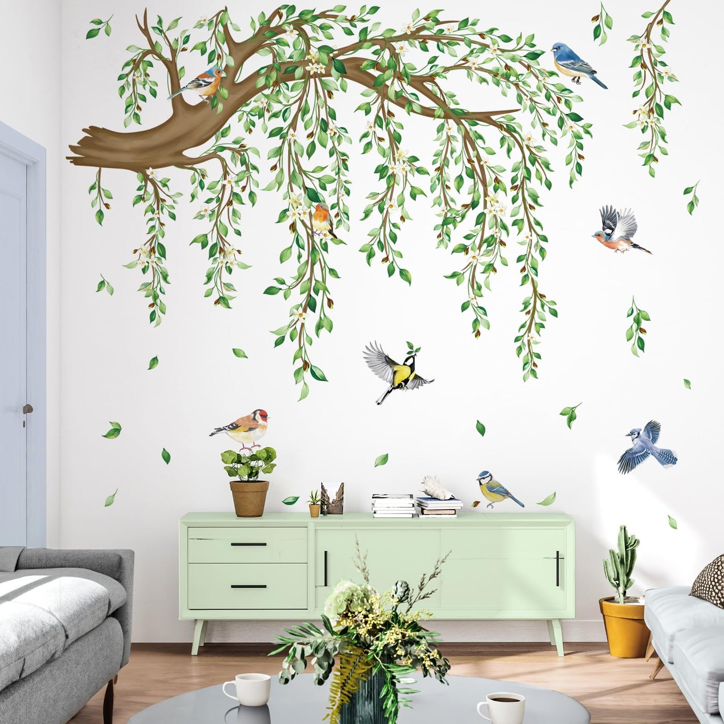 decalmile Large Hanging Vine Wall Decals Tree Branch Green Leaf Flower Birds Wall Stickers Living Room Tv Background Bedroom Wall Decor