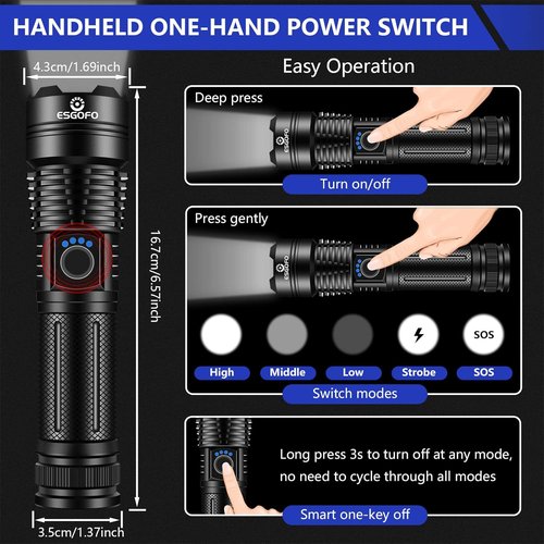 Esgofo High Lumens 100000 Rechargeable Flashlight - Super Bright LED, Waterproof, Ideal for Hiking & Camping