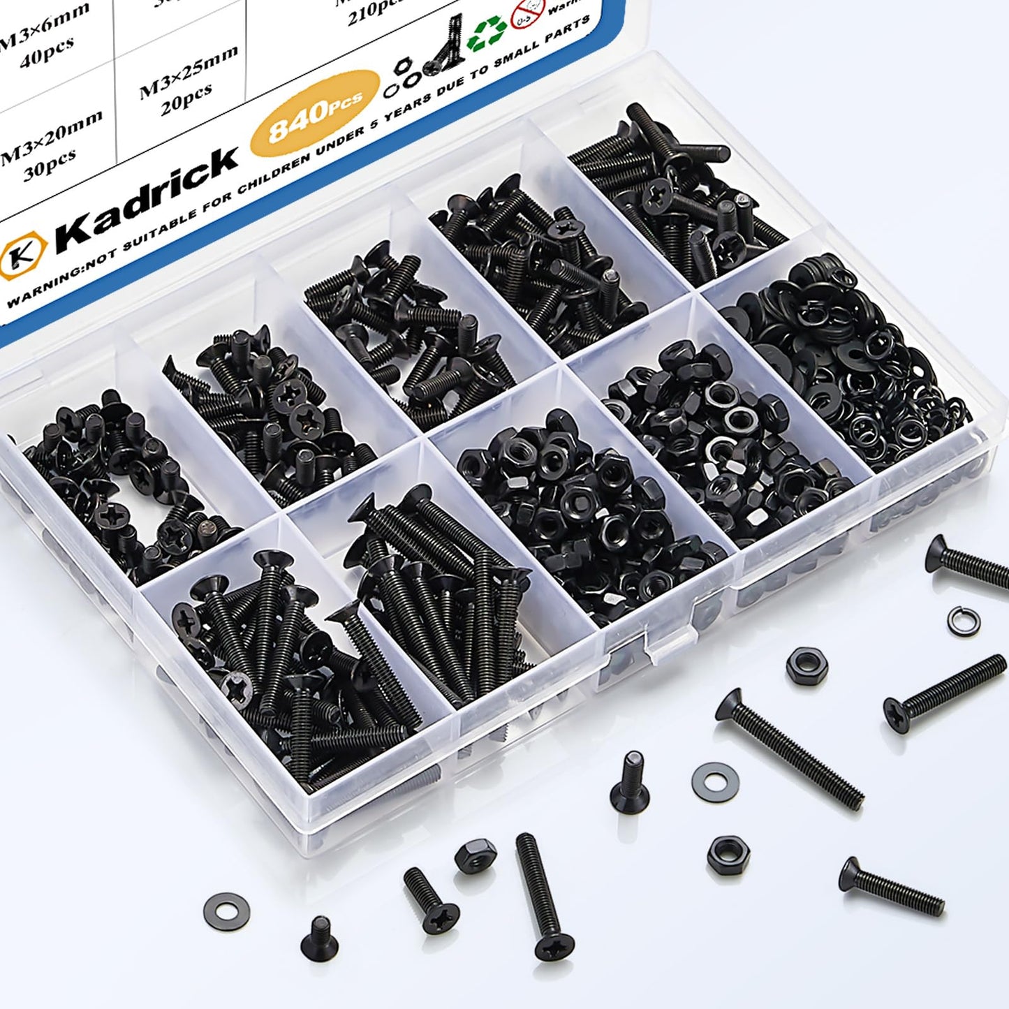 KADRICK 840Pcs M3 Countersunk Screws,M3 Flat Head Screws,Phillips Bolts Nuts Washers Assortment Kit,Zinc Plated,Lenth of 6MM-25MM