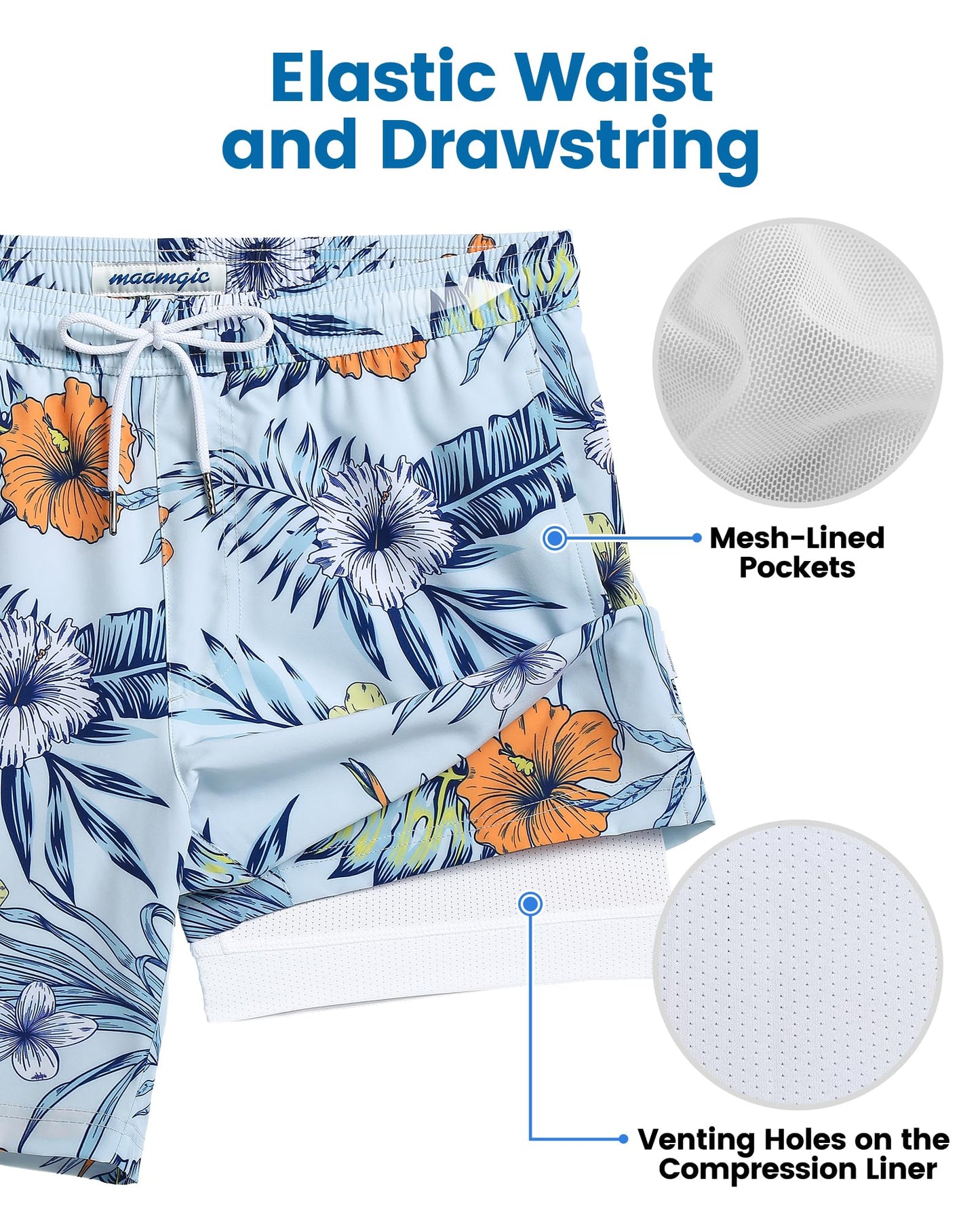 maamgic Mens Swim Trunks with Compression Liner 7 Inch Inseam Mens Bathing Suit Quick Dry Swimming Trunks Swimsuit Plant and Flower White Small