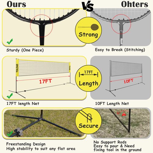 TOLEAD All-in-One Pickleball & Badminton Net Set, Portable Volleyball Net Set (17ft Wide x 3-5ft Height) for Backyard,Outdoor Sports Game Set w/Volleyball Pickleball Paddles & Badminton Rackets