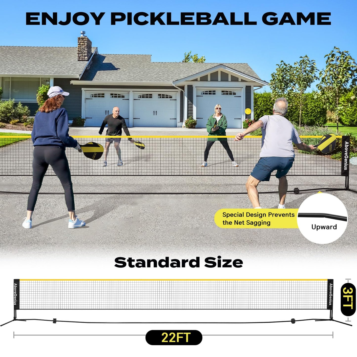 AboveGenius Pickleball Set with Net, Pickleball Paddles Set of 4, Portable Net for Driveway, Lightweight Rackets, 4 Outdoor Balls, 1 Storage Bag