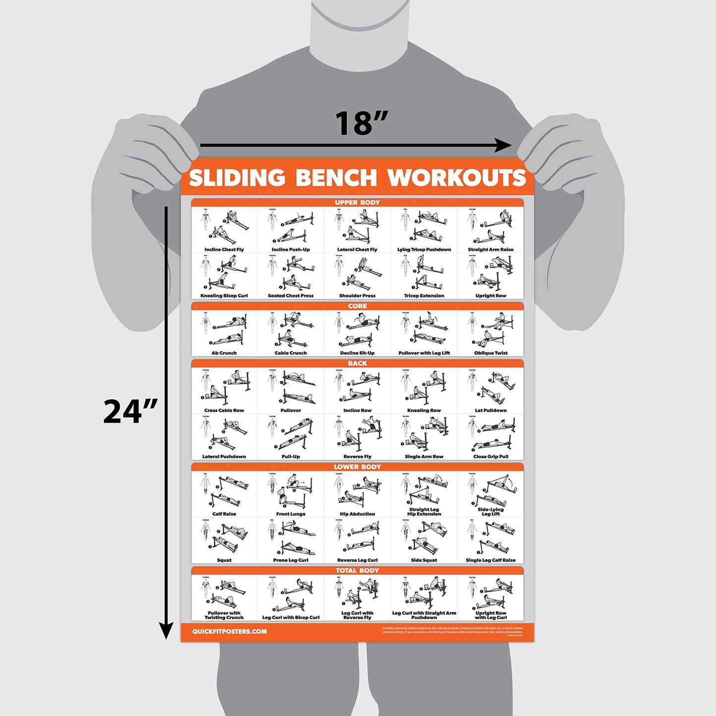 QUICKFIT Sliding Bench Workout Poster - Compatible with Total Gym, Weider Ultimate Body Works - Incline Bench Exercise Chart (LAMINATED, 18" x 24")