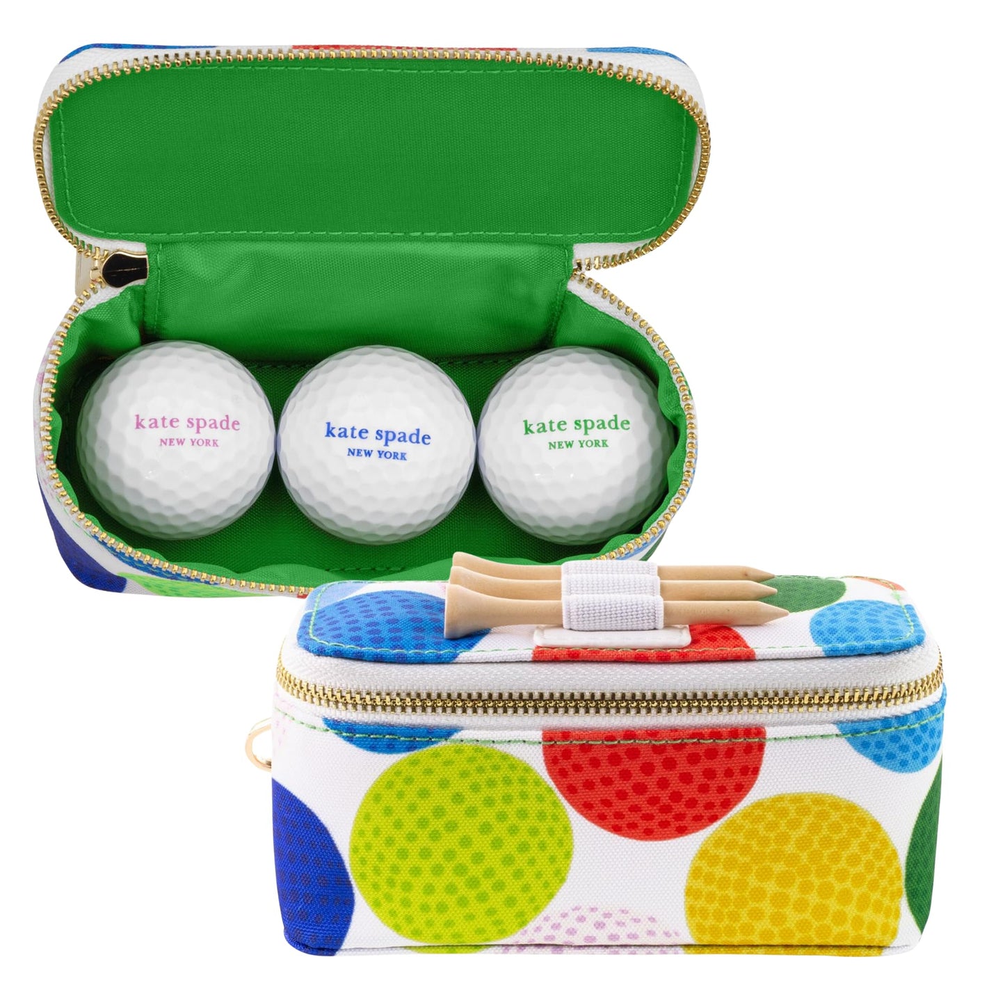 Kate Spade New York Women's Golf Set - 3 Wooden Tees & 3 Balls With Zipper Pouch, Gold Clasp Secures to Bag, Golfball Pattern Mini