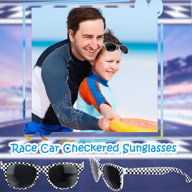 Octaday 24 Pcs Race Car Checkered Sunglasses Bulk White Frame Black Checker Sunglasses for Kids Racing Party Favor Supplies Racing Theme Birthday Gift
