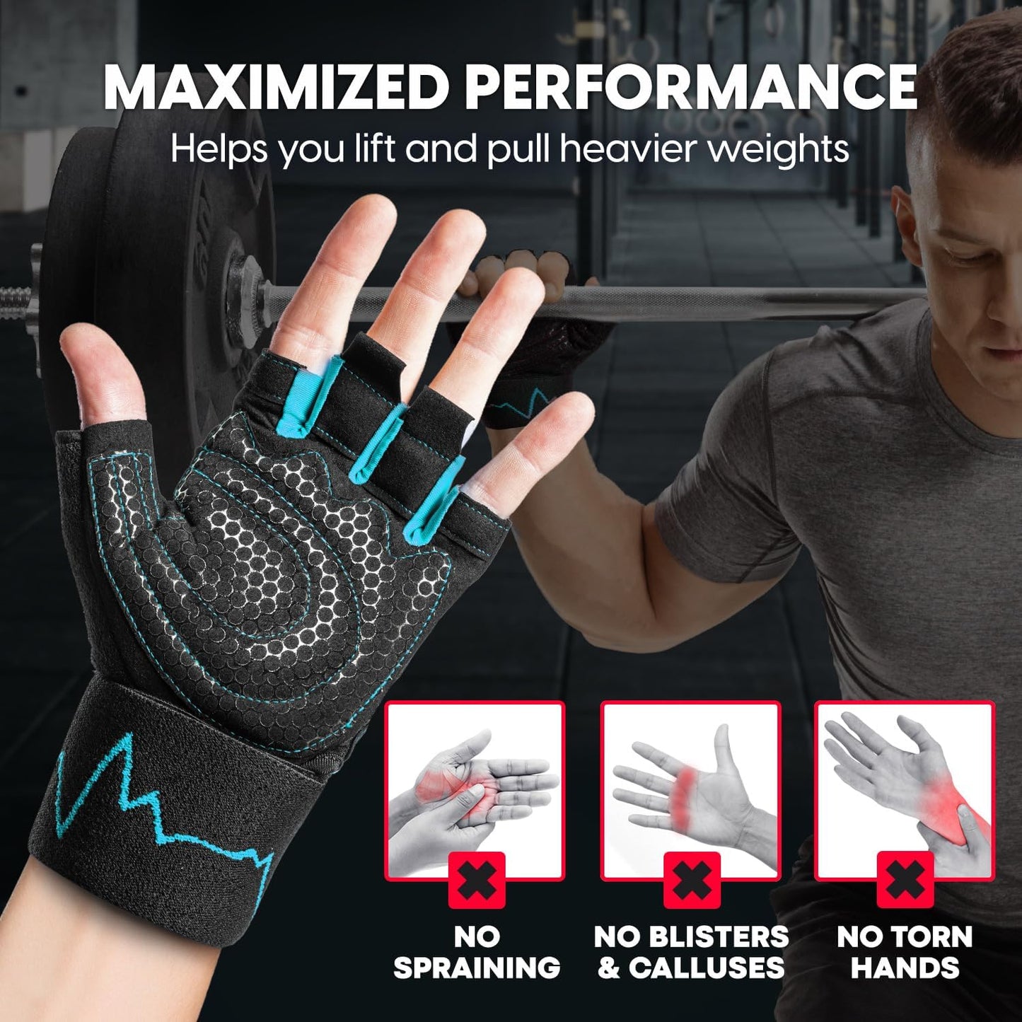 MhIL Workout Gloves for Men - Enhanced Grip Gym Gloves with Wrist Wraps for Optimal Performance and Safety
