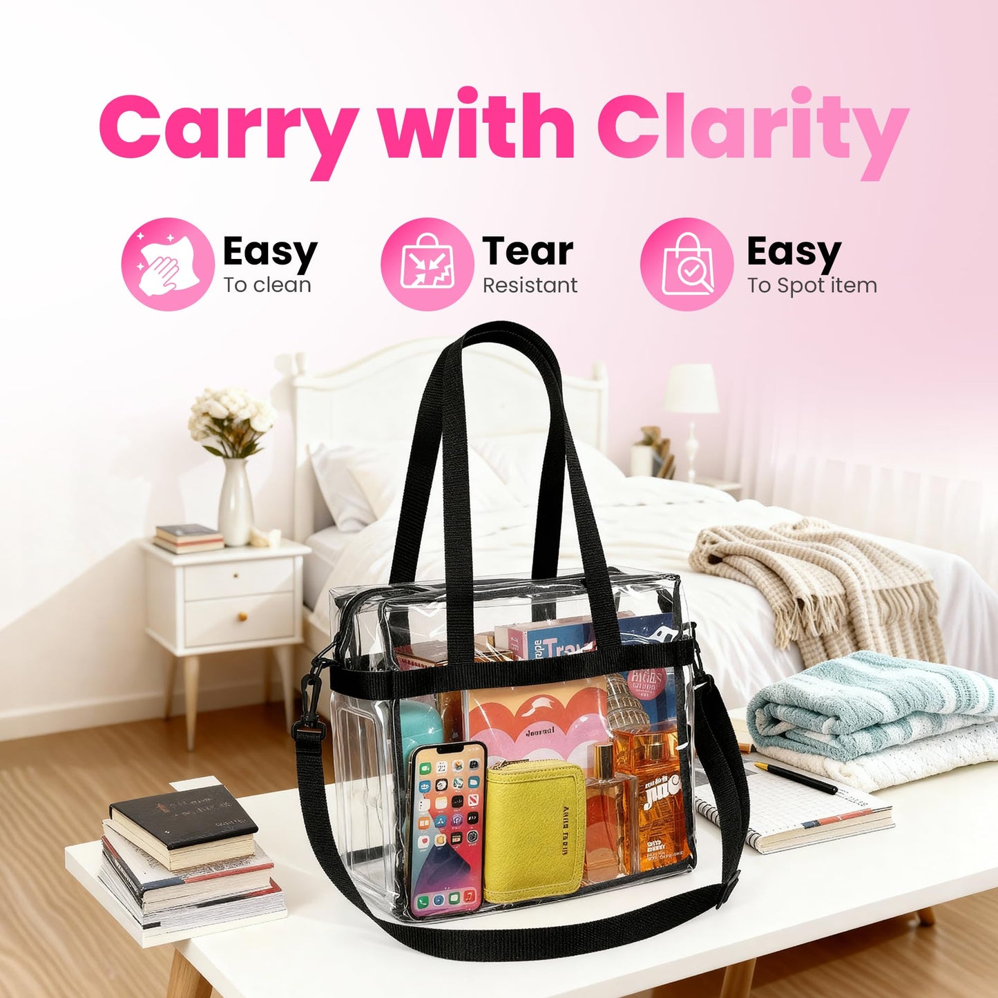 Handy Laundry Clear Tote Bag Stadium Approved - Shoulder Straps and Zippered Top. Perfect Clear Bag for Work, Sports Games and Concerts. Meets Stadium Tournament Guidelines. (Black)