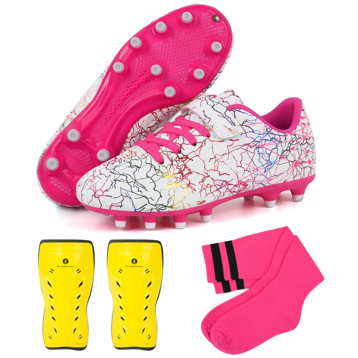 brooman Kids Firm Ground Soccer Cleats Girls Football Cleats with Shin Guards and Soccer Socks (13,White Pink)